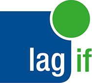 Logo der LAG-IF, blaues Quadrat mit grünem Kreis oben rechts und Text 'lag if'